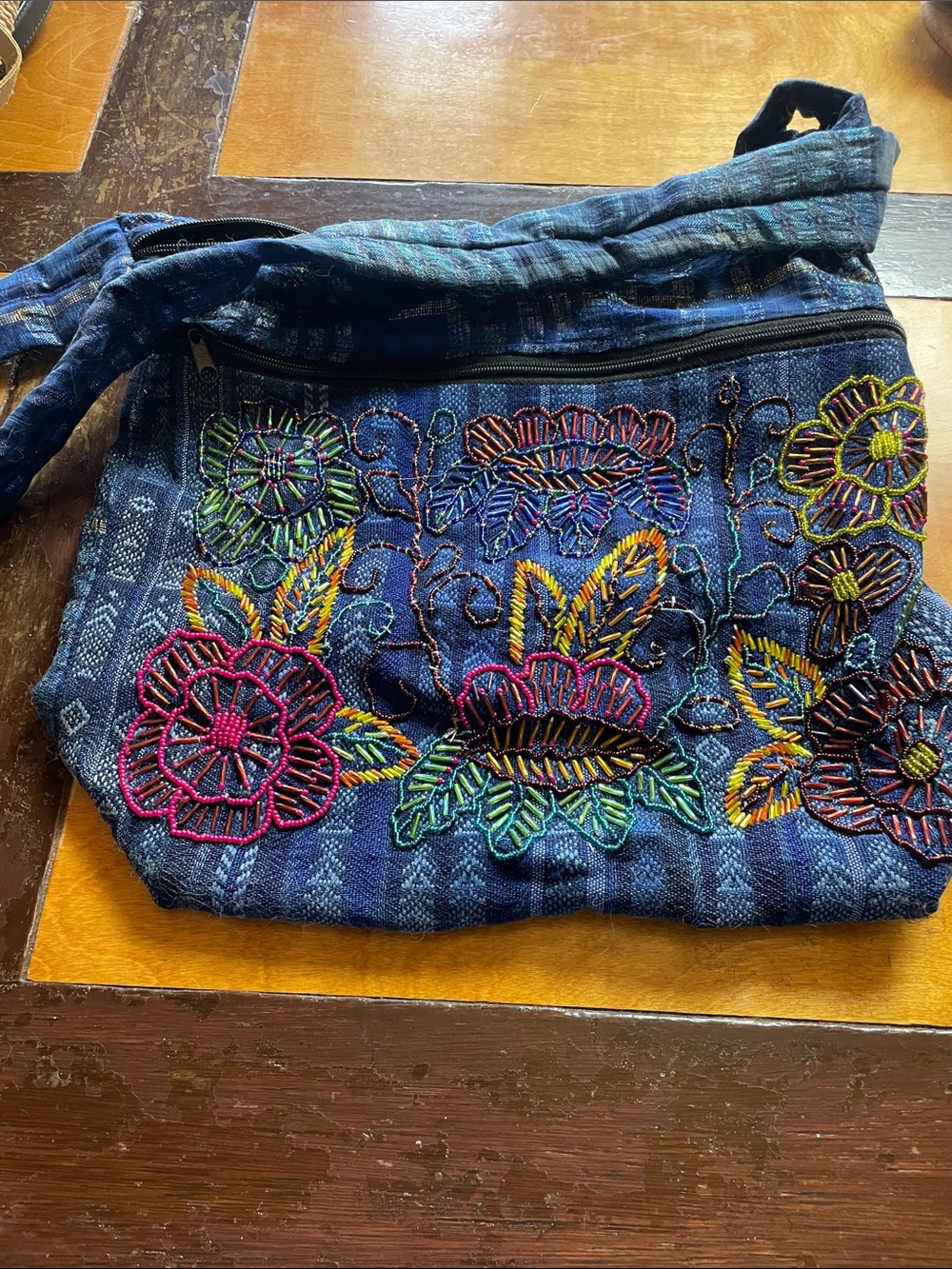 Hand-Embroidered Navy Floral Crossbody Bag with Beaded Accents